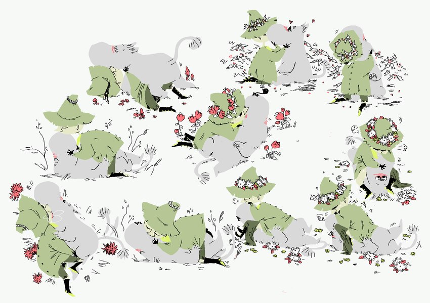 anthro clothing duo flower flower_crown hat headgear headwear kissing making_out male male/male plant red_clothing red_hat red_headwear red_robe robe sex simple_background white_background white_body 2n2n the_moomins moomintroll snufkin human mammal moomin 2015 aliasing digital_media_(artwork) hi_res