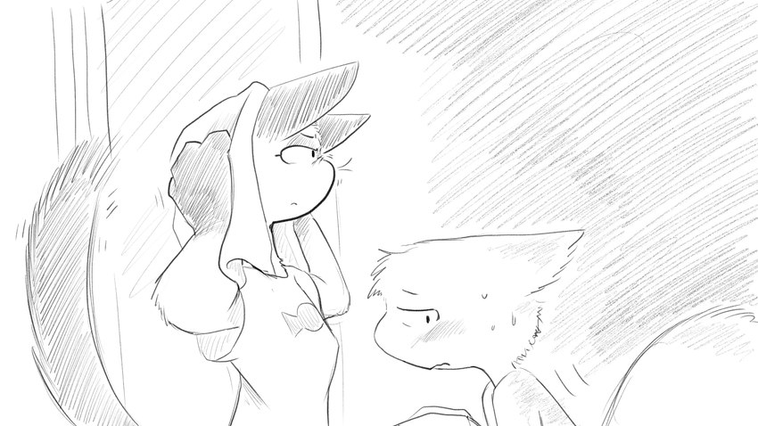 anthro bodily_fluids clothing duo embarrassed female looking_away male scrunched_nose shirt sniffing sweat topwear towel towel_on_head wiping dragonweirdo animal_crossing nintendo marshal_(animal_crossing) olivia_(animal_crossing) felid feline mammal rodent sciurid tree_squirrel 16:9 hi_res monochrome widescreen