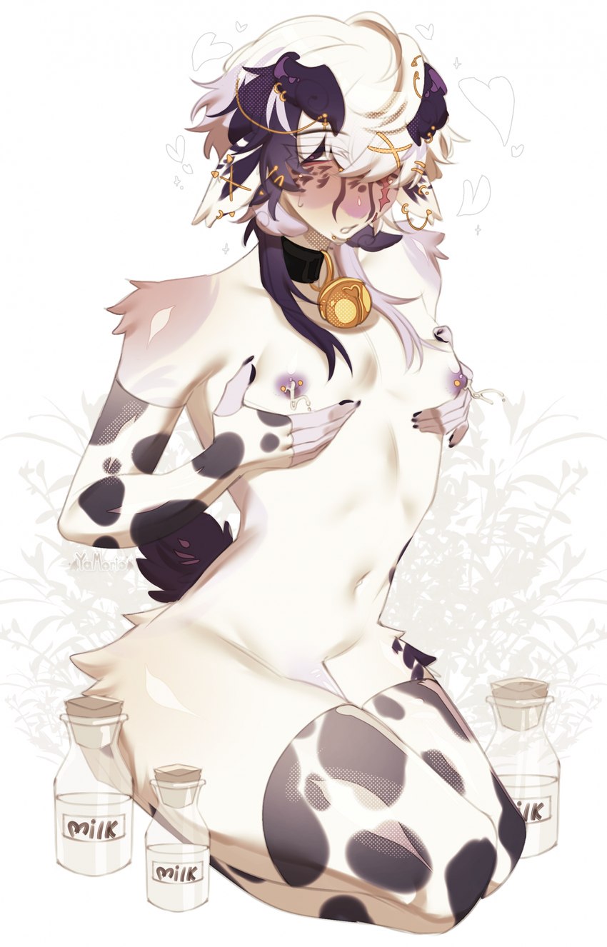 animal_print animal_print_thigh_highs anthro bell bell_collar blush bodily_fluids bottle breast_milking breasts clothing collar container cow_print cow_print_thigh_highs ear_piercing femboy fur genitals hair hand_on_breast jewelry lactating legwear looking_at_viewer male male_lactation milk milk_bottle milk_container nipple_piercing nipples pattern_clothing pattern_legwear pattern_thigh_highs penis piercing simple_background solo tail thigh_highs white_background white_body oatmealkasha digital_media_(artwork) hi_res