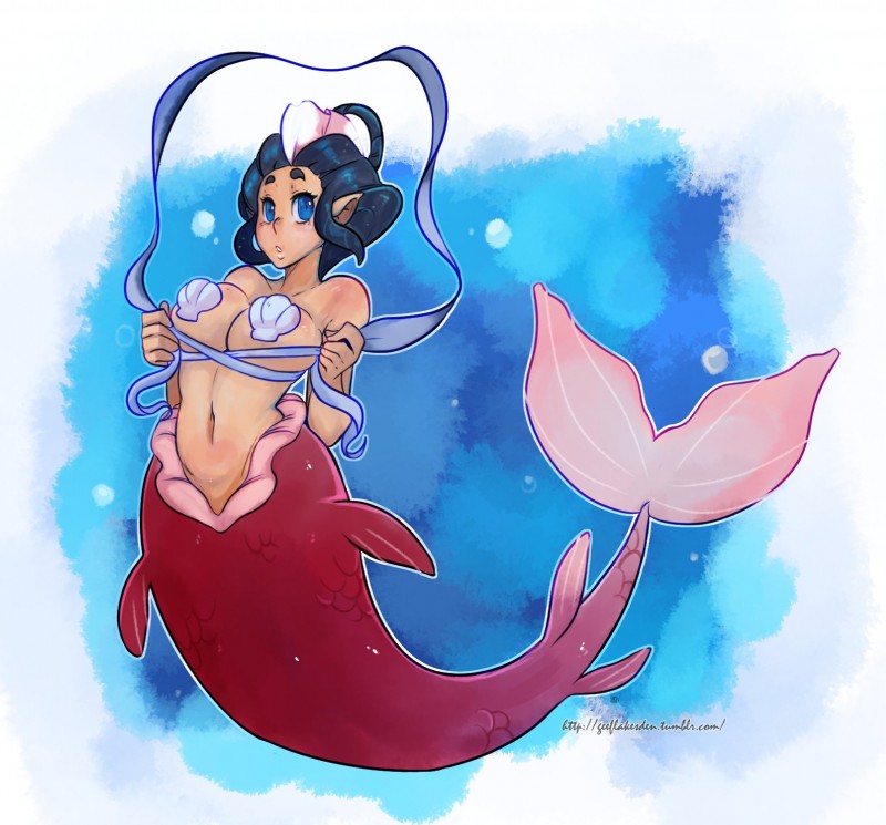 5_fingers black_hair blue_eyes bra breasts clothing eyebrows eyelashes female fingers hair humanoid_pointy_ears looking_at_viewer monster_girl_(genre) navel pointy_ears seashell seashell_bra shell solo split_form text underwear geeflakes level-5 yo-kai_watch mermaidyn animal_humanoid fish fish_humanoid humanoid marine marine_humanoid merfolk 2017 hi_res url