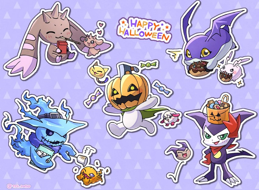 anthro axe blue_body brown_body brown_fur candy cape clothing dessert feral food fur gloves group handwear holidays horn jack-o'-lantern melee_weapon purple_body weapon 754_ym71d bandai_namco digimon halloween pocky demon digimon_(species) ghostmon impmon lopmon pumpkinmon tsukaimon hi_res