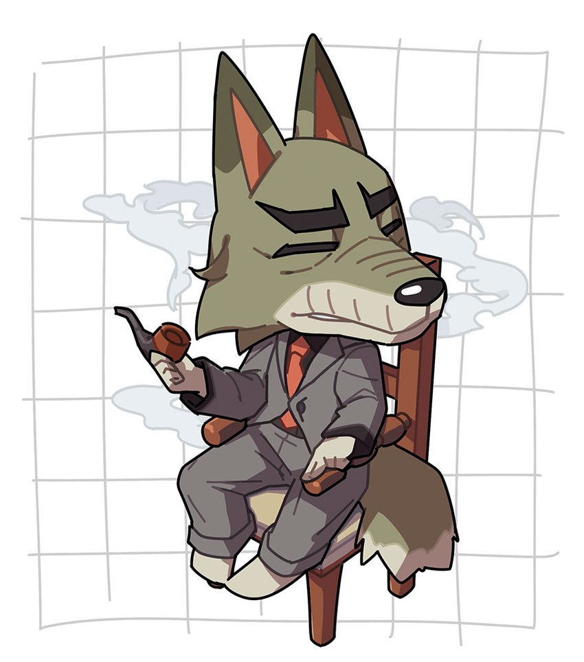 anthro bottomwear chair clothed clothing dress_shirt elderly elderly_anthro elderly_male eyebrows eyes_closed fur furniture geometric_background grid_background holding_object jacket male necktie pants pattern_background shirt simple_background sitting smoke smoking smoking_pipe solo suit suit_jacket topwear tuft white_background kopa_nishikida animal_crossing nintendo dobie_(animal_crossing) canid canine canis mammal wolf 2025