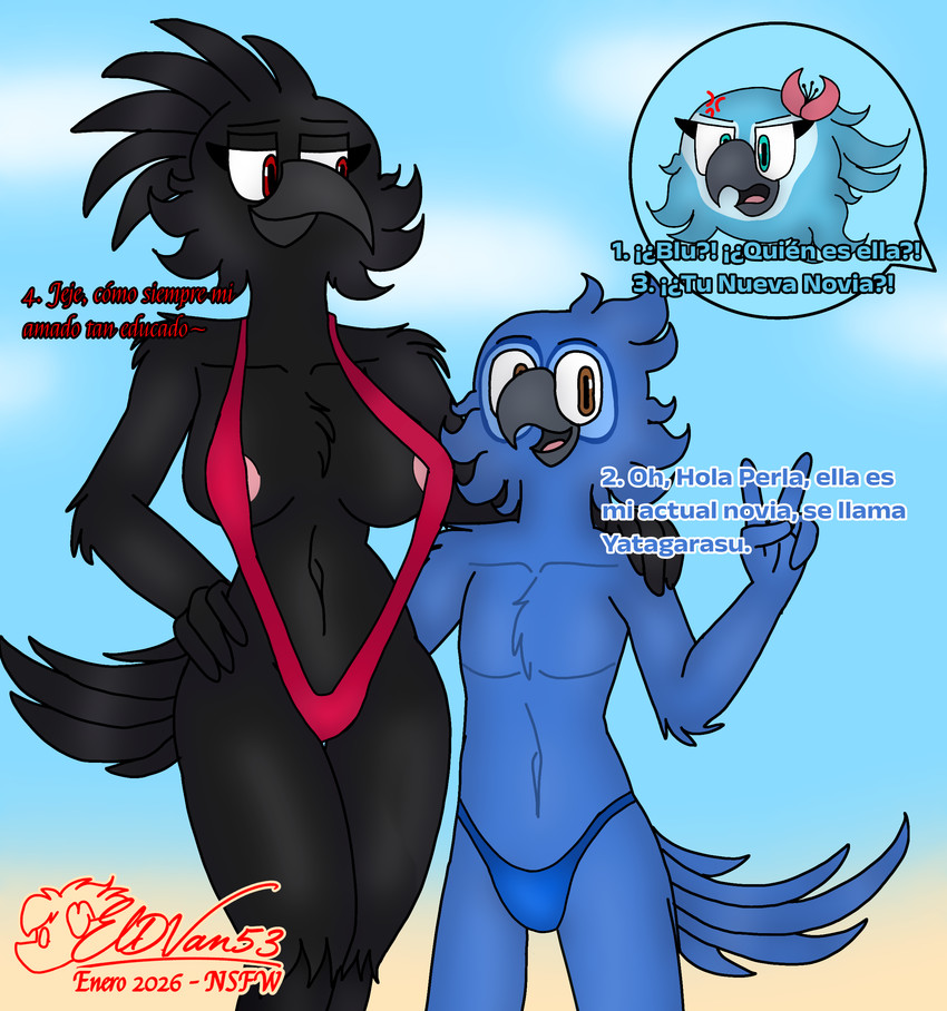 anthro beach big_breasts bikini_thong black_body black_fur blue_body blue_fur blue_wings breasts clothing cross-popping_vein dialogue duo female fur group hug male male/female nipples one-piece_swimsuit pink_nipples romantic romantic_couple simple_background smiley_face speech_bubble swimwear text trio wings dvan_arts_(artist) blu_waifu blue_sky_studios rio_(series) blu_(rio) fan_character jewel_(rio) yatagarasu_(dvan_arts) avian bird corvid corvus_(genus) crow macaw neotropical_parrot oscine parrot passerine true_parrot absurd_res digital_media_(artwork) hi_res spanish_text