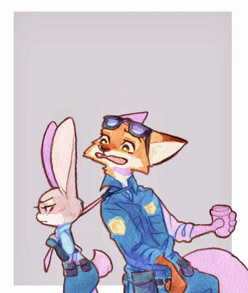 anthro belt border bottomwear clothed clothing container cup duo eyewear female fully_clothed fur grey_background grey_body grey_fur holding_container holding_cup holding_object male necktie open_mouth orange_body orange_fur pants police police_uniform shirt simple_background sunglasses topwear uniform white_border strawberry628_(artist) disney zootopia judy_hopps nick_wilde canid canine fox lagomorph leporid mammal rabbit red_fox true_fox 2020