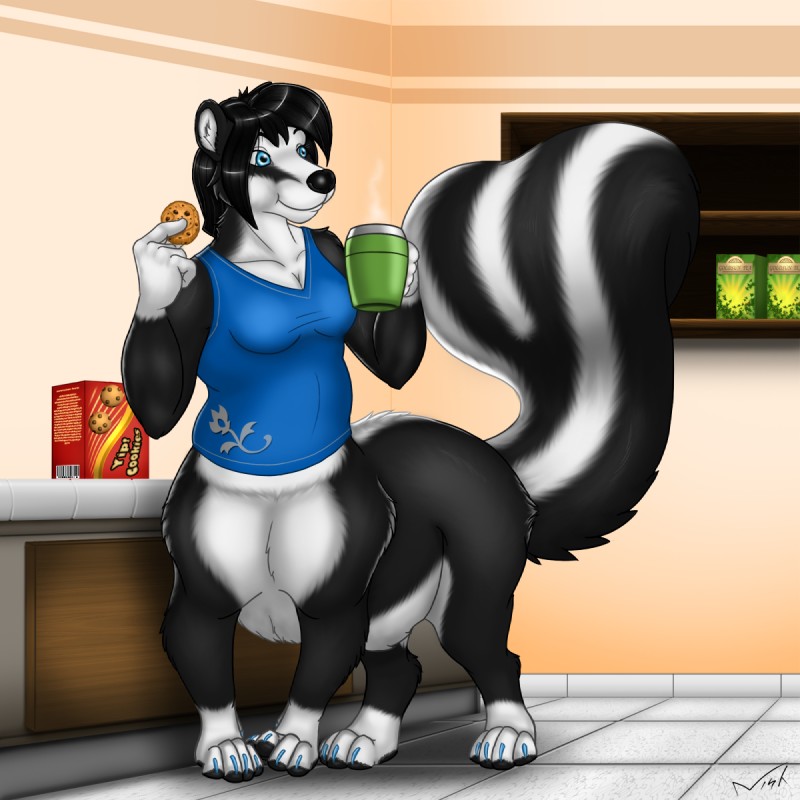 anthro beverage breasts coffee cookie detailed_background female food inside kitchen quadruped solo stripes tail waist_turned nisharu sofia_belk mammal mammal_taur mephitid mephitid_taur skunk skunk_taur striped_skunk taur 1:1 hi_res