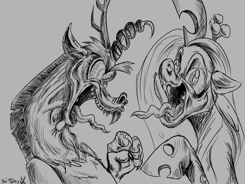 duo fangs female feral insane male nightmare_fuel open_mouth semi-anthro sharp_teeth simple_background teeth tongue tongue_out uvula yaoifairy friendship_is_magic hasbro my_little_pony discord_(mlp) queen_chrysalis_(mlp) arthropod changeling 4:3 monochrome signature sketch