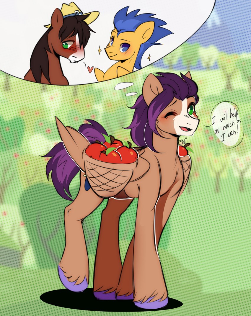 apple basket blush container cutie_mark feral food fruit fusion green_eyes group hair hooves male one_eye_closed plant purple_hair purple_tail reference_image solo_focus tail wings pledus friendship_is_magic hasbro my_little_pony mythology flash_sentry_(mlp) troubleshoes_(mlp) clydesdale draft_horse earth_pony equid equine horse mammal mythological_creature mythological_equine pegasus pony hi_res