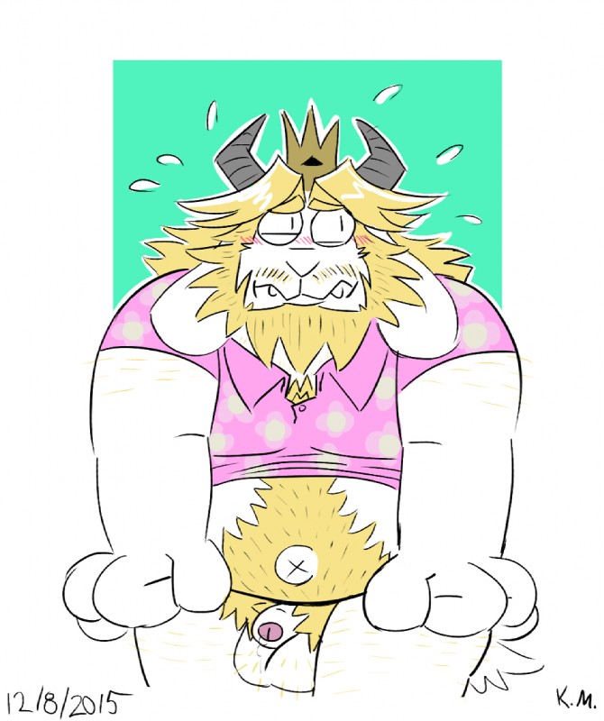 anthro balls beard biped blonde_hair blush body_hair bottomless chest_hair clothed clothing crown embarrassed facial_hair flaccid foreskin fur genitals hair headgear horn male mature_anthro mature_male musclegut muscular navel penis pubes shirt small_penis solo topwear white_body white_fur mcthundergoose undertale undertale_(series) asgore_dreemurr boss_monster_(undertale) bovid caprine mammal sketch