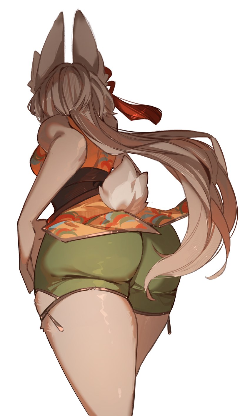 anthro big_butt biped bottomwear brown_body brown_ears brown_fur brown_hair brown_inner_ear_fluff brown_tail butt clothed clothing ear_bow female female_anthro fully_clothed fur green_bottomwear green_clothing green_shorts hair inner_ear_fluff kemono long_ears long_hair low-angle_view monotone_body monotone_fur monotone_hair orange_clothing orange_shirt orange_topwear ponytail rear_view scut_tail shirt short_tail shorts simple_background solo standing tail topwear tuft white_background kawarage_yatano yuexuan_(kawarage_yatano) lagomorph leporid mammal rabbit 2024 absurd_res colored hi_res portrait shaded three-quarter_portrait