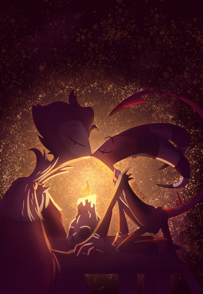 anthro bone candle clothed clothing detailed_background duo eyes_closed kiss_on_lips kissing male male/male red_body red_skin skull mlavieer helluva_boss blitzo_(helluva_boss) stolas_(helluva_boss) avian bird demon humanoid imp owl owl_demon 2021 artist_name colored hi_res signature