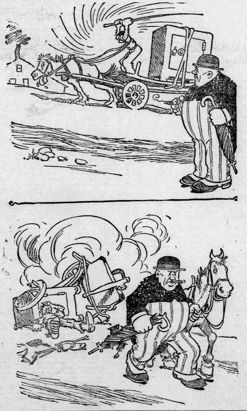 ambiguous_gender anthro beaten_up cigar clothing frown group hair halter hat headgear headwear male male_human obese obese_human open_mouth outside overweight overweight_human overweight_male reins safe_(container) tongue tongue_out trio umbrella vehicle wagon whip whipping a.d._condo the_outbursts_of_everett_true everett_true equid equine horse human mammal 1906 20th_century ancient_art black_and_white comic hi_res monochrome