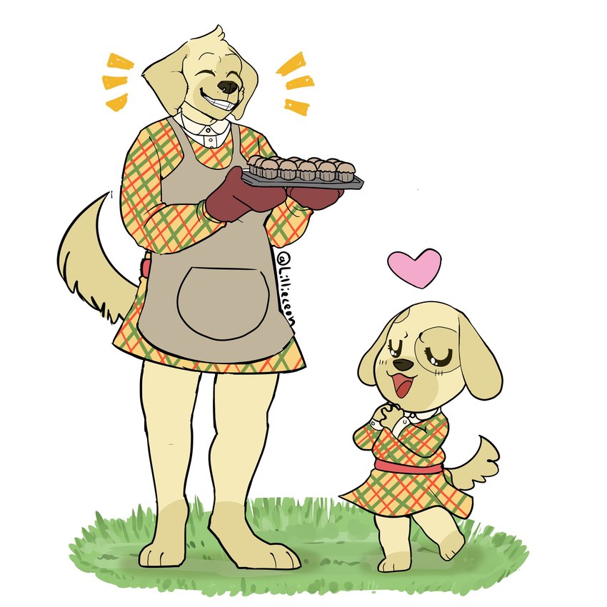 anthro apron baking_tray clothing digitigrade duo eyes_closed female female/female food heart_symbol muffin paws tail lillieceon animal_crossing nintendo goldie_(animal_crossing) bird_dog canid canine canis domestic_dog golden_retriever hunting_dog mammal retriever 1:1 absurd_res hi_res