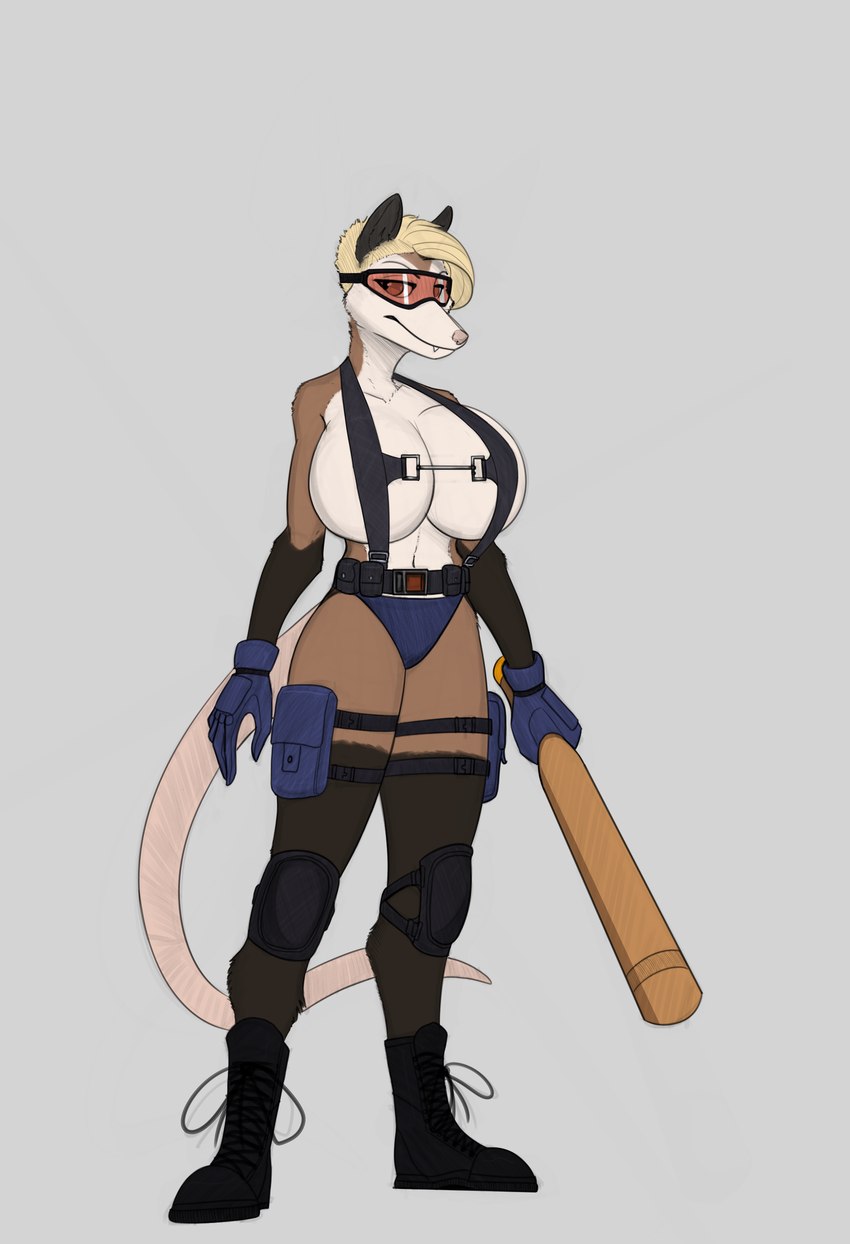 anthro baseball_bat bat_(object) belt belt_pouch big_breasts blonde_hair boots breasts brown_body brown_eyes brown_fur clothing eyewear female footwear fur gloves gloves_(marking) goggles hair handwear holding_baseball_bat huge_breasts knee_pads leg_markings markings police shoes socks_(marking) solo suspenders tactical_gear tactical_gloves tan_body tan_fur thigh_belt conditional_dnp devildjmachine mortarionlordofdeath possum_(devildjmachine) american_opossum mammal marsupial absurd_res hi_res