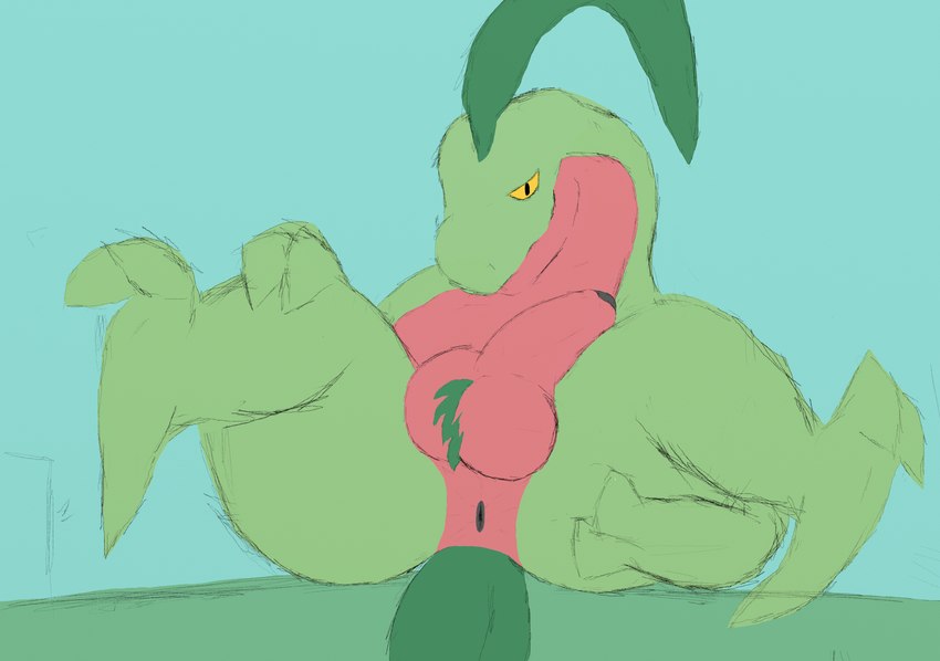 anthro anus balls butt feet genitals green_body hand_on_butt humanoid_genitalia humanoid_penis leaf leaf_hair leaf_tail looking_at_viewer male penis plant plant_hair pseudo_hair red_body semi-anthro simple_background smile solo tail owlietomes vigmarr nintendo pokemon generation_3_pokemon grovyle pokemon_(species) absurd_res hi_res