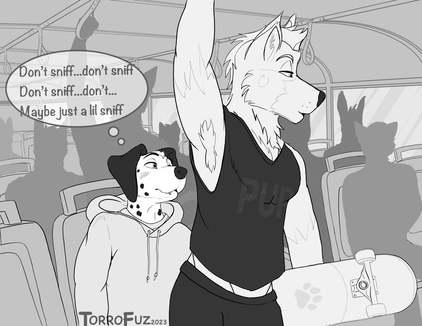 armpit_fetish armpit_hair armpit_sniffing blush body_hair clothing duo holding_object holding_skateboard male male/male musky_armpit public_transportation raised_arms shirt skateboard skater sniffing tank_top topwear vehicle torrofuz anax_shep canid canine canis dalmatian domestic_dog german_shepherd herding_dog mammal pastoral_dog absurd_res hi_res monochrome