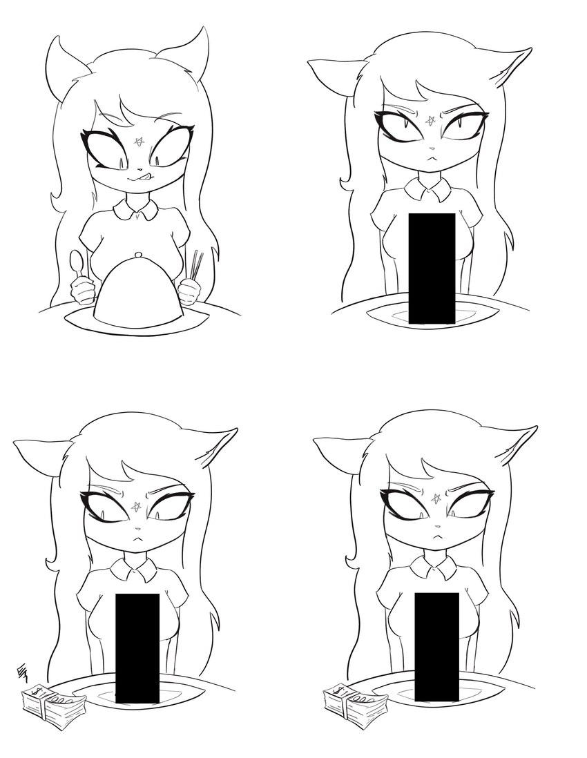 anthro censor_bar female humor licking licking_lips licking_own_lips money prostitution self_lick solo tongue tongue_out 71er cartoon_hangover the_summoning claire_(the_summoning) felid feline mammal absurd_res black_and_white censored hi_res monochrome