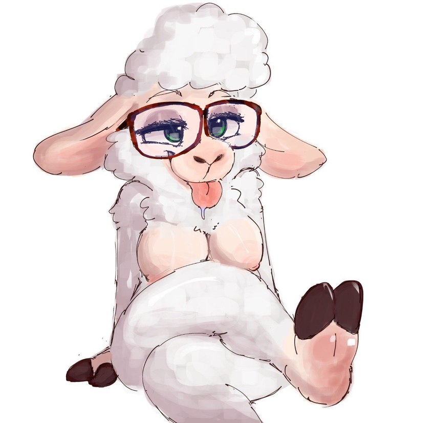 2_toes anthro bodily_fluids breasts crossed_legs drooling eyewear eyewear_only feet female foot_focus glasses glasses_only green_eyes hoof_fetish hoof_focus hooves nipples nude saliva simple_background sitting solo toes tongue tongue_out underhoof wearing_glasses white_background pawfunk disney zootopia dawn_bellwether bovid caprine mammal sheep hi_res