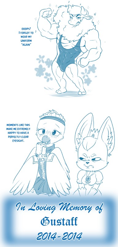 abs anthro beak biceps big_muscles blush dialogue flexing frown fur group humor male muscular pecs scowl simple_background sparkles swoon text white_background wool_(fur) lonbluewolf poppy_opossum gustaff hallia_haha kit_darling avian bird bovid canid canine caprine fennec_fox fox mammal true_fox blue_and_white english_text hi_res monochrome