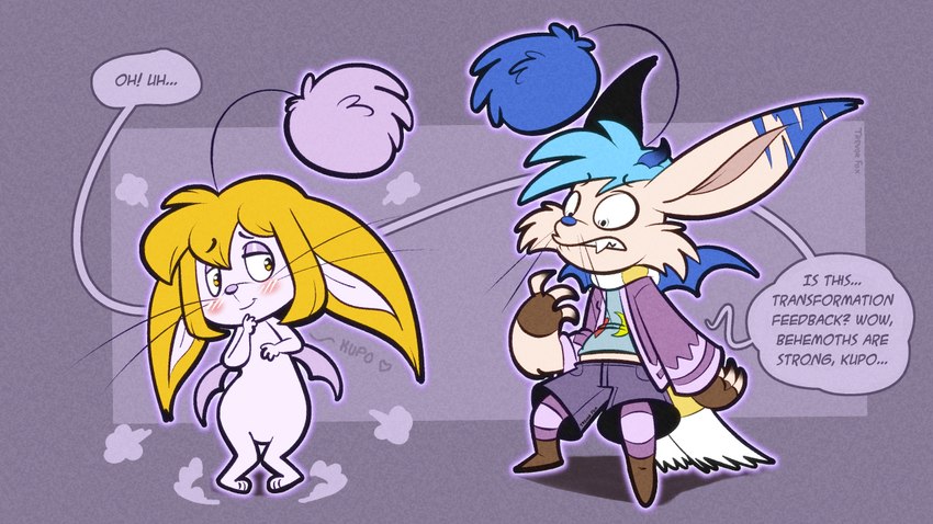 after_transformation antennae_(anatomy) bottomwear clothing dialogue implied_transformation jacket pom_antennae poof_effect scarf shorts topwear transformation wings trevor-fox erakir fantasy_creature ivalician_moogle 16:9 widescreen