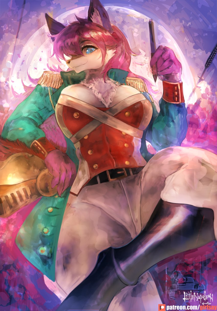 abstract_background anthro armor belt big_breasts blue_eyes boots bottomwear breasts chest_tuft clothed clothing female footwear hair headgear helmet pants patreon_logo pen pink_hair shoes smile solo text tuft uniform girlsay patreon ellen_heart canid canine canis mammal wolf 2019 hi_res url