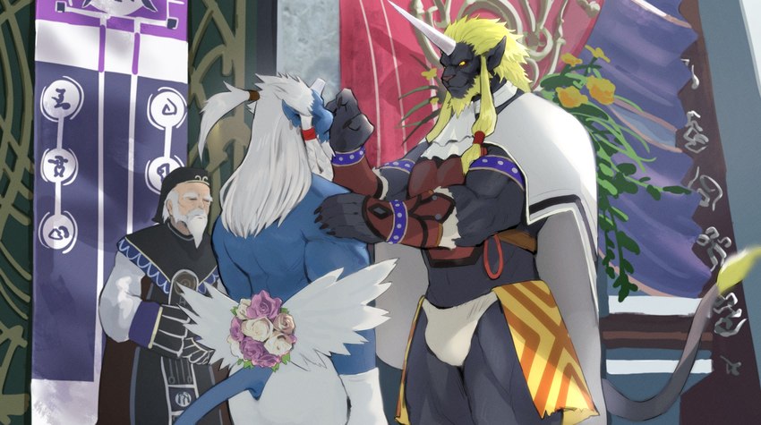 anthro biped blonde_hair blue_body briefs bulge clothed clothing detailed_background dress group hair male trio underwear wedding wedding_dress white_hair k0bit0wani final_fantasy final_fantasy_x square_enix biran kimahri felid human mammal ronso hi_res