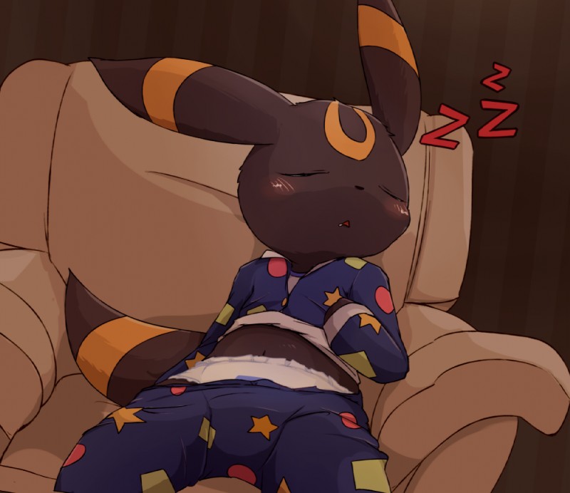 anthro anthrofied blush bodily_fluids chair clean_diaper clothed clothing diaper drooling exposed_diaper furniture male open_mouth pajamas saliva sleeping solo sound_effects vowelless vowelless_sound_effect wearing_diaper young zzz mei_(artist) nintendo pokemon eeveelution generation_2_pokemon pokemon_(species) umbreon 2016