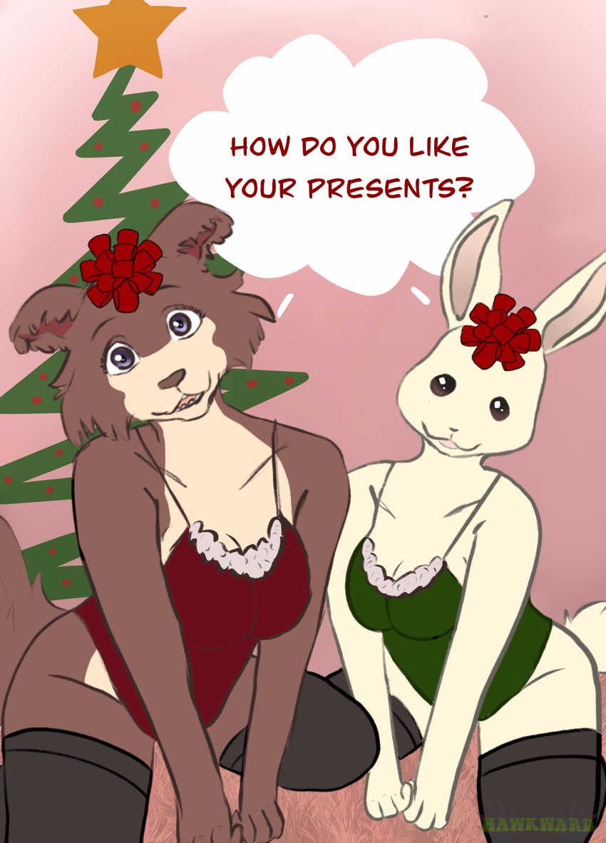 anthro breasts brown_body brown_fur brown_tail christmas_clothing christmas_decorations christmas_ornament christmas_tree clothed clothing duo female fur holidays kneeling larger_female lingerie looking_at_viewer plant purple_eyes simple_background size_difference smaller_female tail talking_to_viewer text tree white_body white_fur white_tail hawkward_(artist) beastars christmas haru_(beastars) juno_(beastars) canid canine canis domestic_rabbit dwarf_rabbit lagomorph leporid mammal oryctolagus rabbit wolf absurd_res english_text hi_res