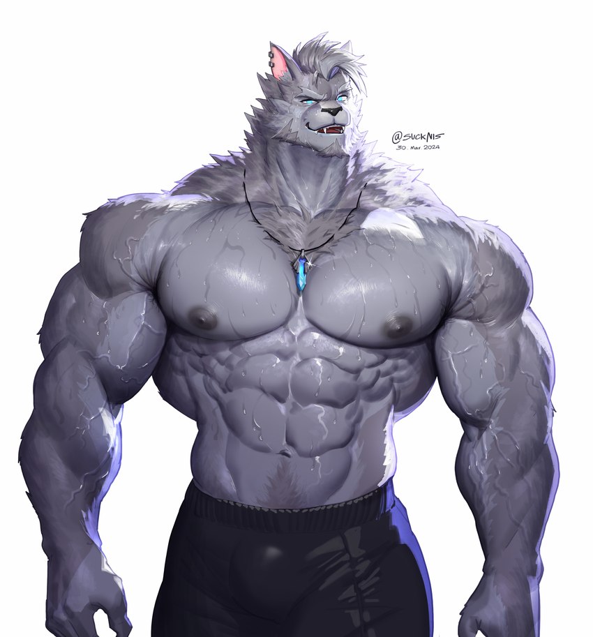 abs anthro areola biceps big_muscles black_areola black_bottomwear black_clothing black_pants blue_eyes bodily_fluids bottomwear clothed clothing deltoids ear_piercing ear_ring eyebrows facial_hair fur gem goatee grey_body grey_fur grey_hair hair jewelry male muscular muscular_anthro muscular_male navel necklace obliques open_mouth pants pecs piercing pubes raised_eyebrow ring_piercing serratus smile smirk solo sweat text topless vein veiny_muscles suck-nis sean_(opsychowolfo) canid canine canis mammal wolf 2024 absurd_res artist_name dated hi_res