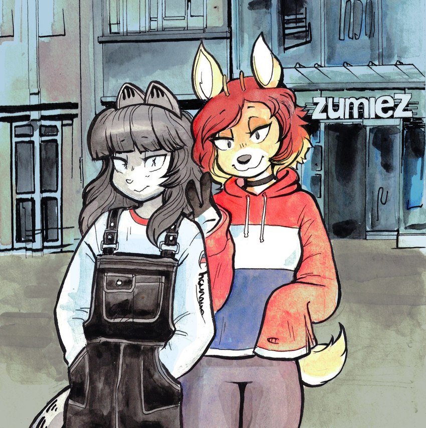 :3 anthro bangs biped blonde_hair bottomwear clothed clothing crossgender duo eyelashes female fur grey_body grey_fur grey_hair hair hand_in_pocket hoodie mtf_crossgender orange_body orange_fur outside overalls pants pockets red_hair shirt smile standing store tail topwear remy_boydell garfield_(series) zumiez fan_character nermal_(garfield) nervana_(remy_boydell) velvet_(velvetomo) deer domestic_cat felid feline felis mammal hi_res painting_(artwork) traditional_media_(artwork) watercolor_(artwork) trans_(lore) trans_woman_(lore)