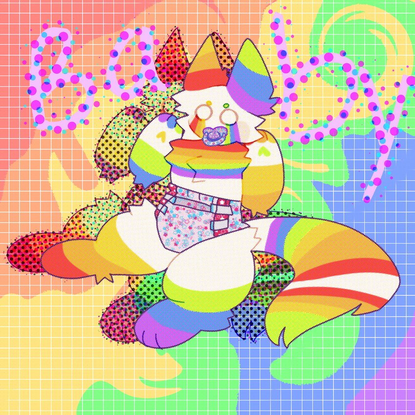 ageplay ambiguous_gender anthro clean_diaper clothed clothing colorful_background diaper fur infantilism multicolored_body multicolored_ears multicolored_fur multicolored_tail object_in_mouth pacifier pacifier_in_mouth rainbow_body rainbow_ears rainbow_fur rainbow_tail roleplay solo sparklefur tail wearing_diaper white_eyes unknown_artist nekozuna glitter_(nekozuna) canid mammal 1:1 colorful_theme hi_res