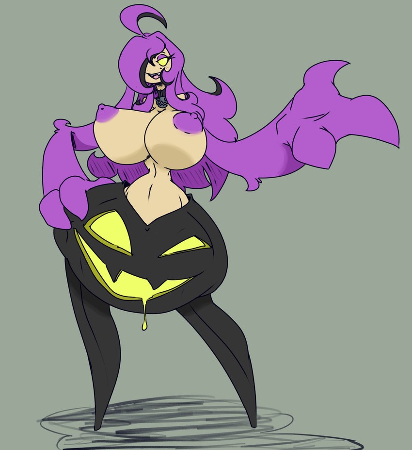 big_breasts breasts eyebrows eyelashes female hair hair_hand huge_breasts long_hair nipples open_mouth plant purple_hair shadow simple_background solo standing teeth tongue yellow_eyes imric1251 nintendo pokemon elemental_creature flora_fauna generation_6_pokemon gourgeist pokemon_(species) shiny_pokemon 2024 digital_media_(artwork) hi_res