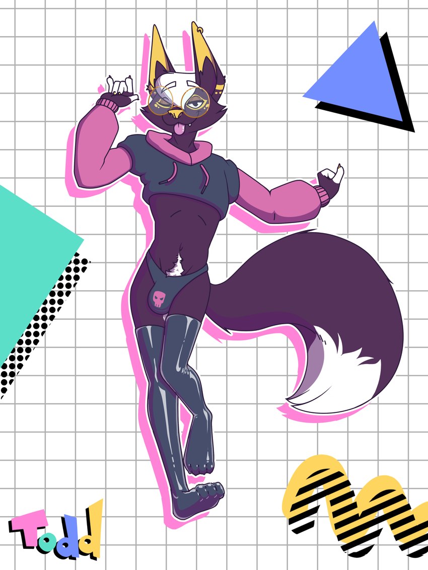 abstract_background anthro bulge clothed clothing crop_top crossdressing femboy latex latex_clothing latex_legwear latex_stockings legwear looking_at_viewer male one_eye_closed pose shirt simple_background solo stockings topwear underwear wink tiedernas canid canine fox mammal hi_res