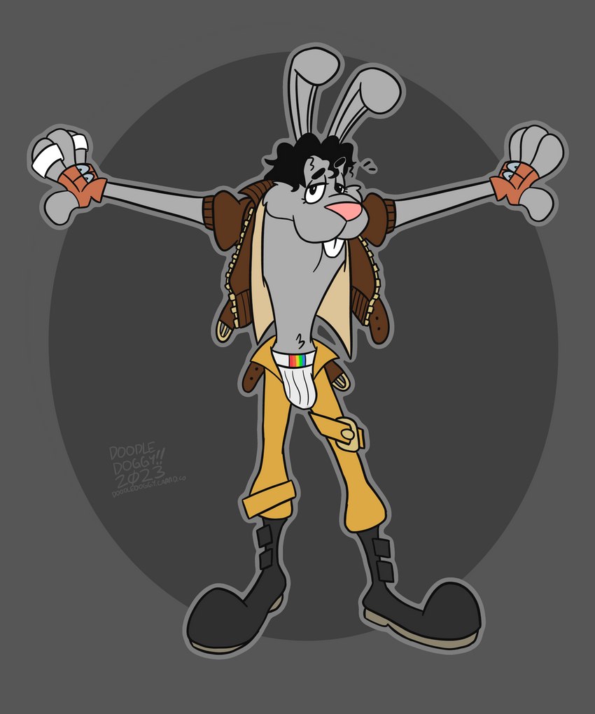 anthro black_hair boots bulge clothing curly_hair footwear front_view fur grey_body grey_fur hair jockstrap male rainbow shoes short_hair solo standing toony underwear michael_jackson moonwalker_(film) lagomorph leporid mammal rabbit 5:6 absurd_res hi_res