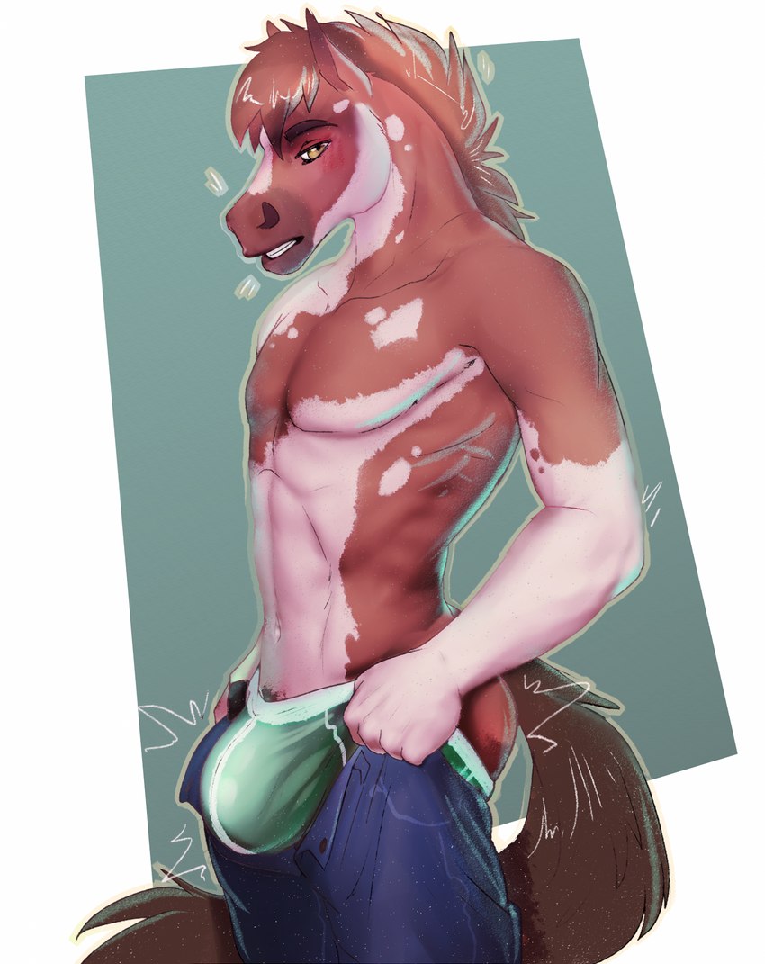 anthro bottomwear bulge clothed clothing male panties pants solo topless topless_male underwear miraoff tight_pants_(meme) broderick_longshanks equid equine horse mammal hi_res meme