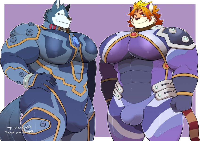 abs anthro ball_bulge big_pecs blonde_hair blue_body blue_fur bulge detailed_bulge duo fur genital_outline hair hand_on_hip hand_on_own_hip male orange_body orange_fur orange_hair pecs penis_outline skintight_suit smile standing tail tan_body tan_fur white_body white_fur takezamurai lifewonders tokyo_afterschool_summoners breke_(tas) nomad_(tas) canid canine canis felid mammal pantherine tiger wolf hi_res