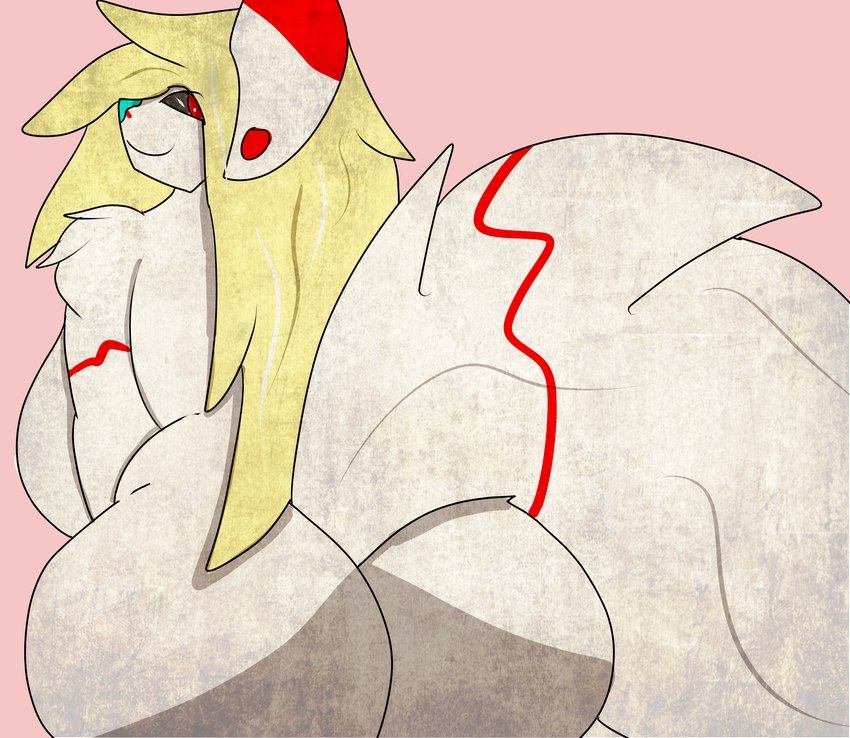 anthro arm_tuft big_butt big_tail blonde_hair breasts butt butt_focus female fur hair looking_at_viewer looking_back markings monotone_background pink_background red_eyes red_markings sassy shoulder_tuft side_boob simple_background slightly_chubby slightly_chubby_female solo tail tuft white_body white_fur evomutt omnimaster canid canine mammal absurd_res adobe_illustrator_(artwork) digital_media_(artwork) hi_res