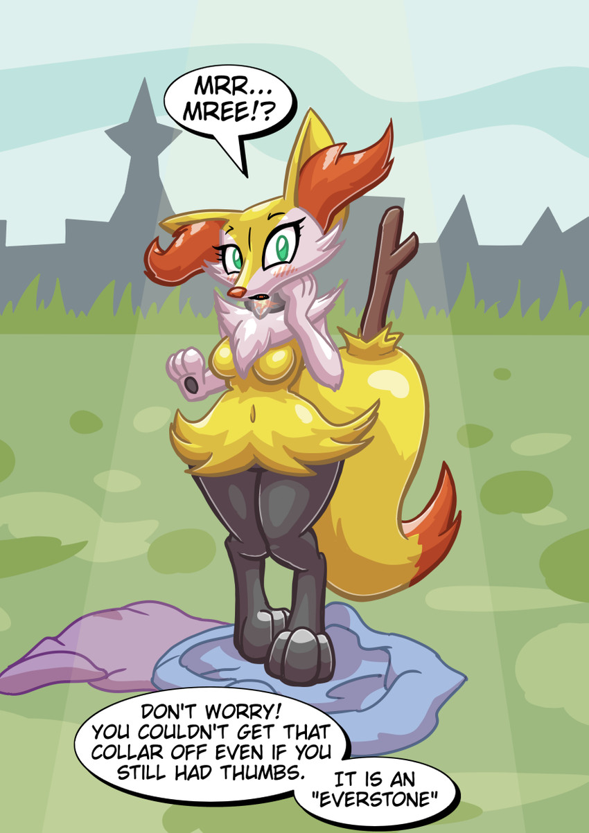 after_transformation anthro blush breasts chest_tuft clothing dialogue dipstick_tail female fur green_eyes inner_ear_fluff markings multicolored_tail navel open_mouth outside solo stick tail tail_markings text tuft yellow_body yellow_fur tempestryder nintendo pokemon kea_brenner braixen canid generation_6_pokemon mammal pokemon_(species) english_text hi_res