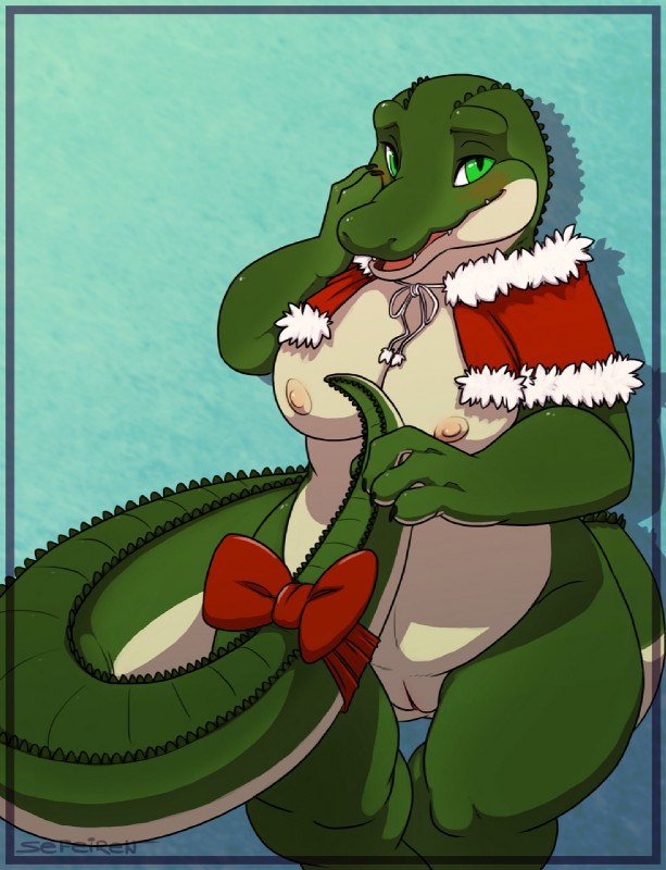 anthro biped blush breasts female genitals green_eyes holding_tail holidays looking_at_viewer nipples non-mammal_breasts non-mammal_nipples nude pussy ribbons shawl shy sitting slightly_chubby solo tail tongue conditional_dnp sefeiren christmas fgs alligator alligatorid crocodilian lizard reptile scalie 2012 hi_res