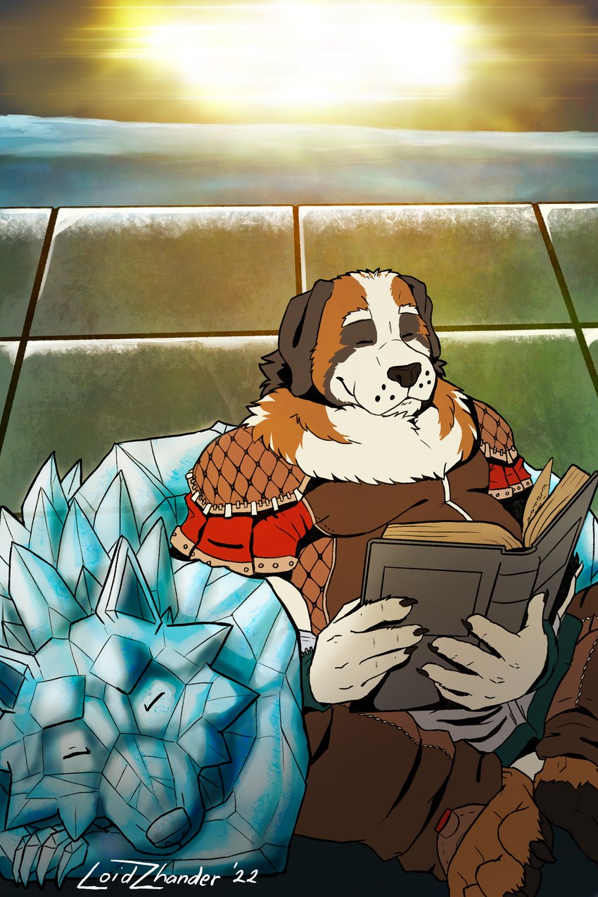 5_fingers anthro black_nose book brown_body brown_fur brown_pawpads claws clothed clothing duo dusk eyebrows eyes_closed fantasy feral fingers floppy_ears fur holding_book holding_object ice light light_beam male neck_tuft orange_sky overweight overweight_male pawpads plantigrade reading reading_book sitting sky sleeping smile snow sunbeam sunlight toe_claws tuft whisker_spots white_body white_eyebrows white_fur winter loidzhander shelter_(visual_novel) burry_(shelter) canid canine canis domestic_dog mammal molosser mountain_dog saint_bernard wolf 2022 2:3 absurd_res artist_name hi_res