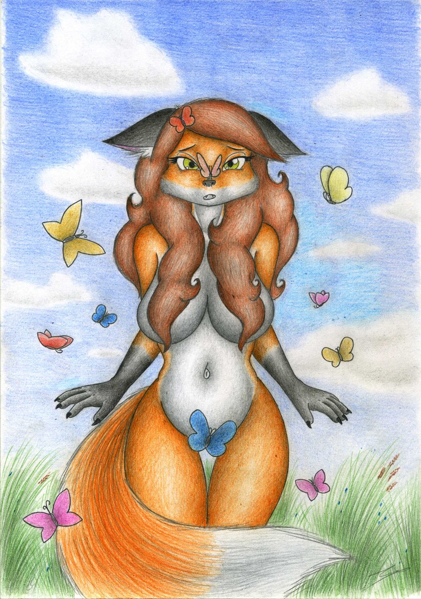 anthro convenient_censorship female hair hair_covering_breasts imminent_sneeze navel nude solo text sinaherib eliza_gardis arthropod butterfly canid canine fox insect lepidopteran mammal red_fox true_fox absurd_res english_text hi_res traditional_media_(artwork)