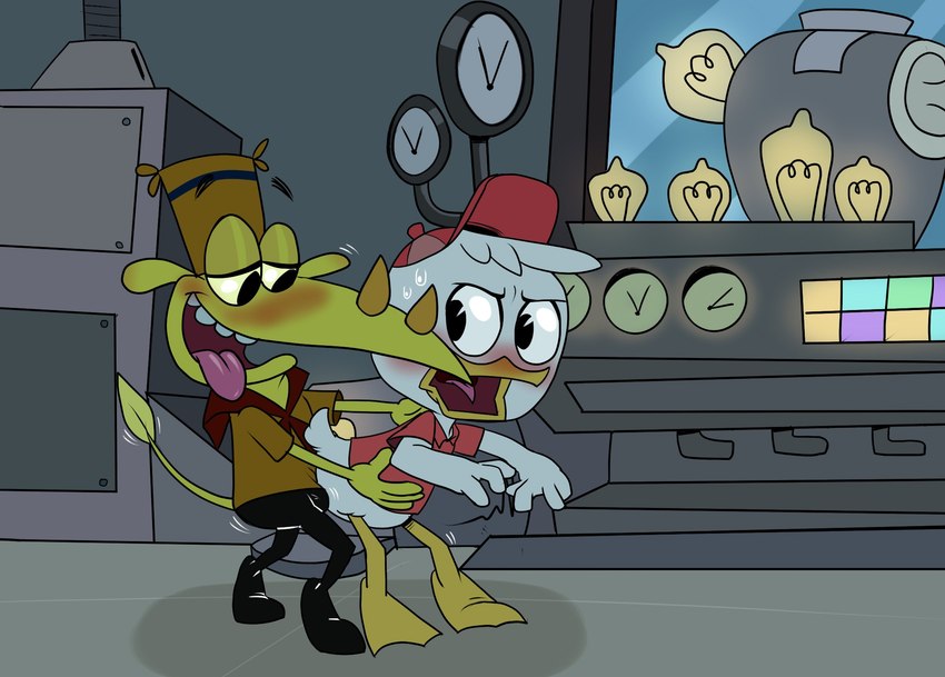 anthro blush bodily_fluids bulge clothed clothing dry_humping duo hat headgear headwear inside male male/male sweat tongue tongue_out young young_on_young igotdragons camp_lazlo cartoon_network disney ducktales ducktales_(2017) clam_(camp_lazlo) huey_duck anatid anseriform avian bird duck mammal rhinoceros hi_res