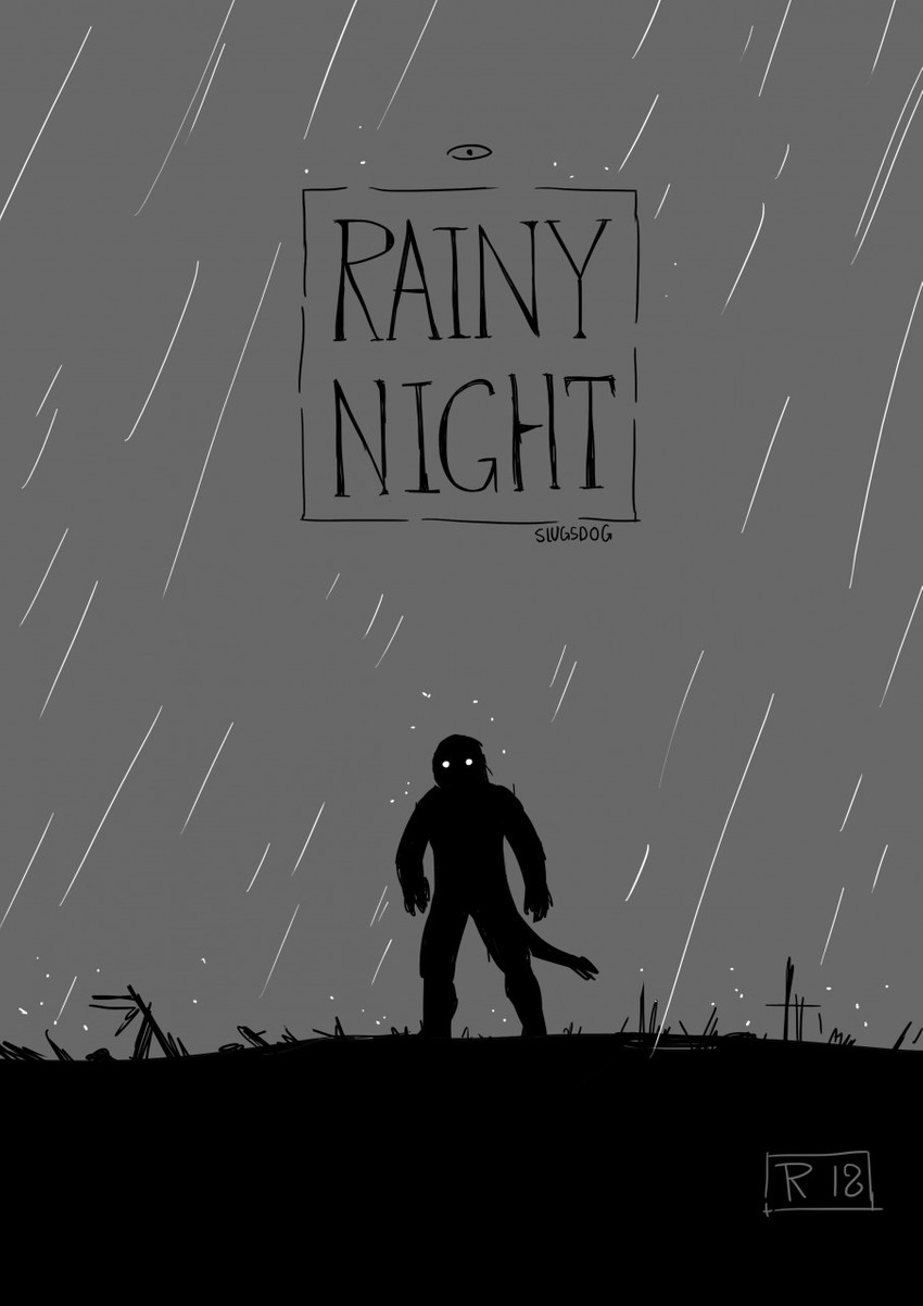 ambiguous_gender anthro biped outside raining silhouette solo text slugsdog unknown_species comic cover cover_art cover_page english_text hi_res monochrome signature