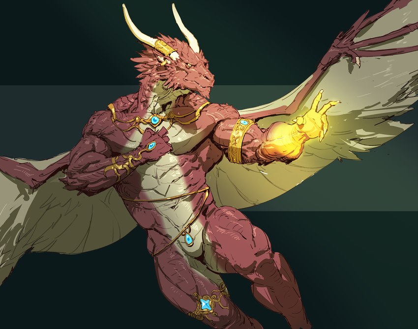 anthro gem glowing_hands gold_(metal) horn jewelry magic magic_user male membrane_(anatomy) membranous_wings red_body solo wings yellow_eyes pacelic european_mythology mythology dragon mythological_creature mythological_scalie scalie western_dragon hi_res