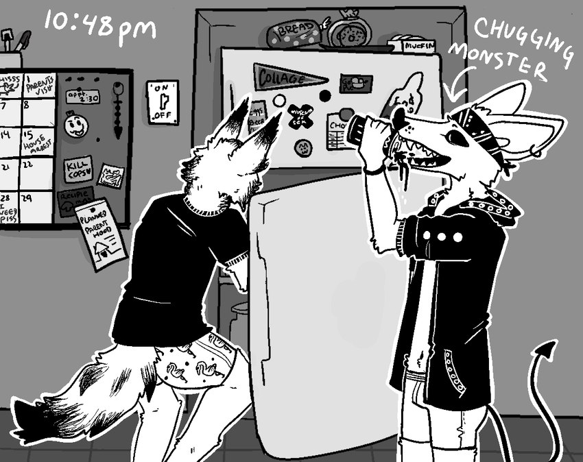 anthro appliance bottomwear boxers_(clothing) cheek_tuft clothed clothing drinking duo ear_piercing ear_ring facial_tuft fluffy fluffy_tail fridge humor jacket kerchief kitchen kitchen_appliance male open_clothing open_jacket open_mouth open_smile open_topwear piercing ring_piercing shirt shorts smile spade_tail spiked_jacket t-shirt tail text topwear tuft underwear wide_eyed sinsquest monster_energy sins_(sinsquest) bat mammal english_text greyscale monochrome trans_(lore) trans_man_(lore)