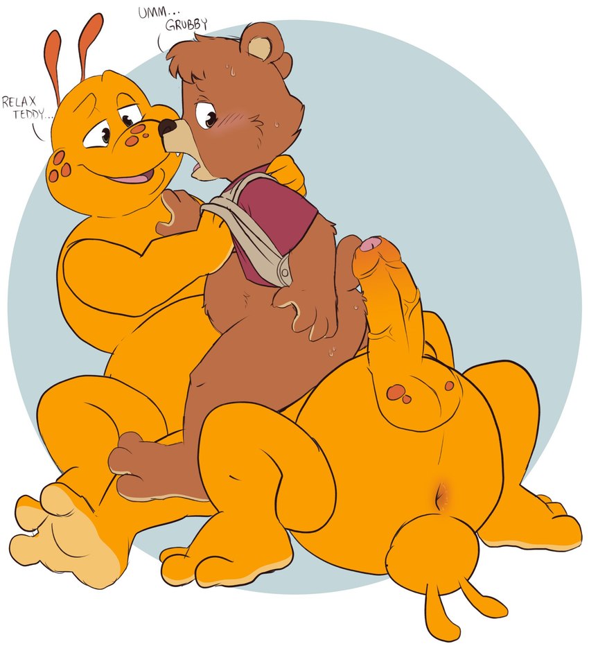 anthro aroused balls belly blush bodily_fluids butt clothed clothing duo erection genitals larva male male/male multi_limb raised_clothing raised_shirt raised_topwear shirt sweat topwear tbid teddy_ruxpin_(series) grubby teddy_ruxpin arthropod bear caterpillar insect mammal hi_res