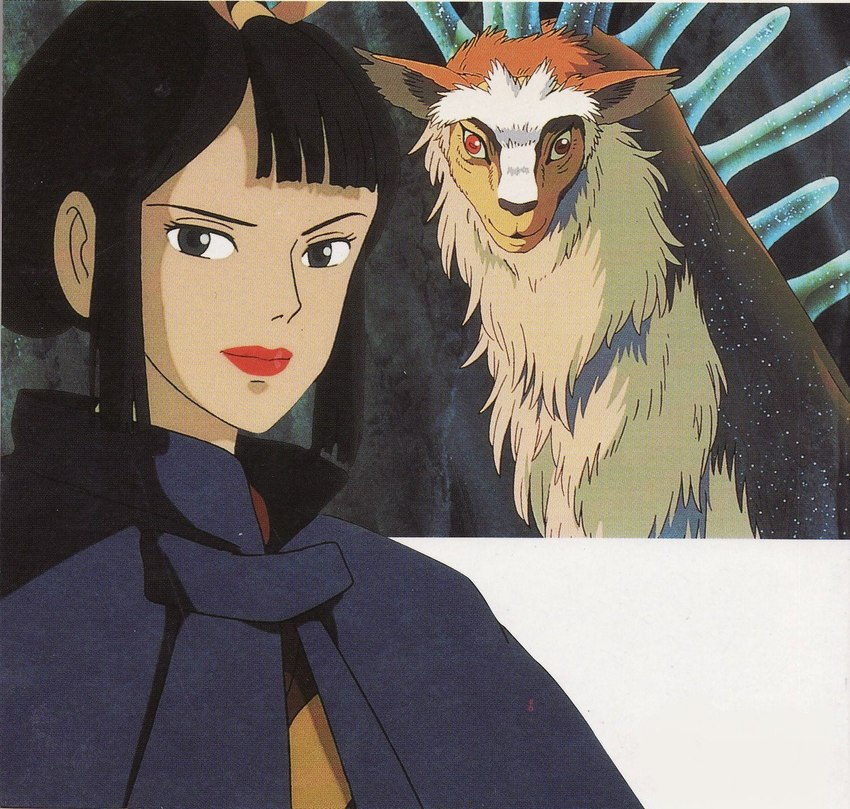 black_hair brown_body brown_fur duo female fur hair lipstick makeup red_eyes white_body white_fur unknown_artist ghibli princess_mononoke lady_eboshi shishigami human mammal spirit hi_res official_art