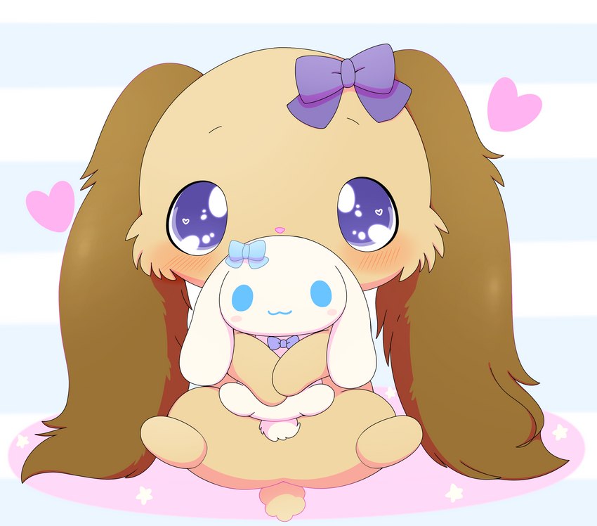 accessory anthro blue_eyes blush bow_ribbon brown_body brown_fur chibifur fur hair_accessory hair_bow hair_ribbon heart_symbol holding_object holding_plushie male pattern_background plushie purple_bow ribbons semi-anthro simple_background solo striped_background azuo cinnamoroll jewelpet sanrio sega sega_fave cinnamon_(cinnamoroll) io_(jewelpet) domestic_rabbit lagomorph leporid lop_rabbit mammal oryctolagus rabbit absurd_res hi_res