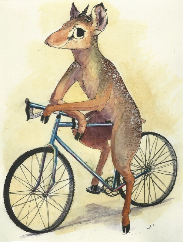 ambiguous_gender anthro bicycle cycling hooves horn looking_at_viewer nude semi-anthro smile solo vehicle wheel goat-soap antelope bovid dik-dik mammal true_antelope 2015 hi_res traditional_media_(artwork)