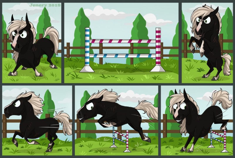 black_body black_fur blue_sky chibi cloud day detailed_background fence feral fur grass green_eyes grey_hooves grin hooves jumping male mane multicolored_body multicolored_fur on_hind_legs outside plant quadruped running sky smile solo tail teeth tree two_tone_body two_tone_fur white_body white_fur white_mane white_tail jenery aidan_(apollo13) equid equine horse mammal 2018 comic digital_media_(artwork)