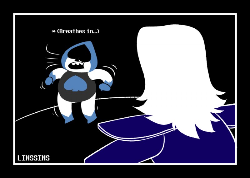 black_border border duo hair long_hair simple_background spades_(suit) suit_symbol text linssins deltarune undertale_(series) lancer_(deltarune) rouxls_kaard darkner humanoid 2018 english_text